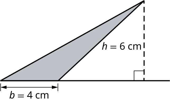 A triangle with its base marked b equals 4 centimeters and height marked h equals 6 centimeters.
