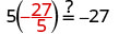 This image displays the equation 5(-27/5) =? -27, a math problem testing basic multiplication with fractions and negative numbers. The statement is true as 5 * (-27/5) simplifies to -27.
