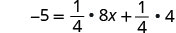 An algebraic equation is shown, displaying -5 = 1/4 * 8x + 1/4 * 4.