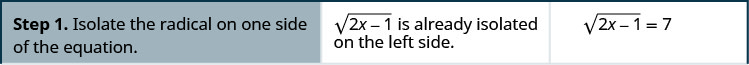 Step 1: Isolate the radical on one side of the equation. The square root of (2x - 1) is already isolated on the left: square root of (2x - 1) equals 7.
