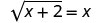 A mathematical equation is displayed, showing the square root of x plus 2 equals x. This algebraic problem involves a radical expression that needs to be solved for the variable x.