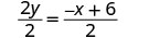 A mathematical equation shows '2y divided by 2 equals the quantity of negative x plus 6, all divided by 2'.