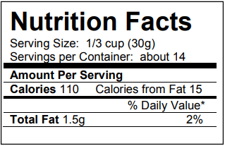Nutrition Facts label from the breadcrumb canister. Serving size one-third cup (30 grams), about 14 servings per container; per serving 110 calories with 15 from fat, and total fat 1.5 grams at 2 percent daily value.