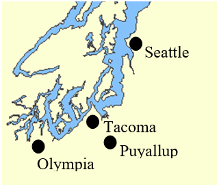 Map of southern Puget Sound with four cities marked by black dots: Seattle at the north east on the main channel, Tacoma well to the south of it, Puyallup just south east of Tacoma, and Olympia to the south west at the inland end of the sound. Seattle and Olympia are the two furthest apart, with Tacoma and Puyallup between them.