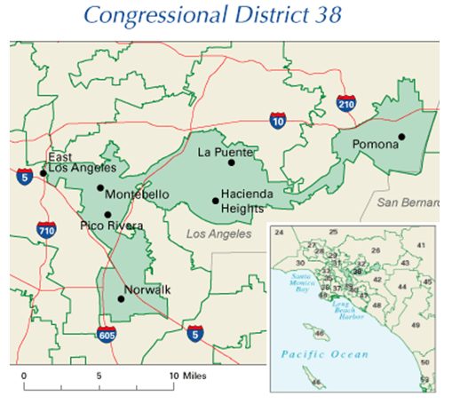 Map headed Congressional District 38, showing the 2004 California district in green as one long, narrow, bent band across Los Angeles County: a western tip at East Los Angeles running southeast through Montebello and Pico Rivera to a lobe at Norwalk, a wider middle around La Puente and Hacienda Heights, and a far-eastern lobe at Pomona joined to the rest only by a tapering neck along Interstate 10. Interstates 5, 710, 605, 10 and 210 are marked, with a scale bar of 0 to 10 miles and an inset locating the district among its neighbours.