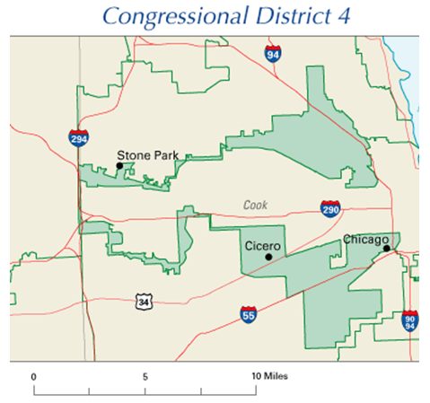Map headed Congressional District 4, showing the 2004 Illinois district in green as two thick lobes in Cook County: a northern arm running east from near Stone Park toward Chicago, and a southern lobe wrapped around Cicero, joined only by a hair-thin strip that runs north to south along Interstate 294 at the western edge of the map. Interstates 294, 94, 290, 55 and 90/94 and US 34 are marked, with a scale bar of 0 to 10 miles.