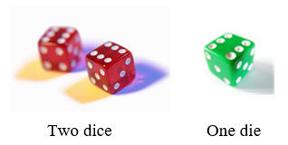 Photo of two red six-sided dice captioned Two dice beside one green six-sided die captioned One die, ordinary pipped dice whose faces give the sample space 1, 2, 3, 4, 5, 6.