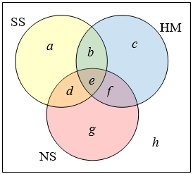 Venn diagram of three overlapping circles inside a rectangle, SS at the upper left, HM at the upper right and NS below, with all eight regions given letter names: a is SS only, b is SS and HM only, c is HM only, d is SS and NS only, e is the overlap of all three, f is HM and NS only, g is NS only, and h is the area outside all three circles.
