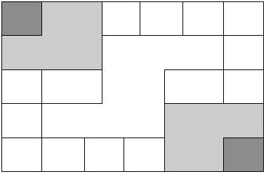 Plan of an Inca counting board cut from a stone slab. Twelve small white square compartments run around the outer edge and two larger white rectangles sit just inside them on the left and the right, while a white eight sided region fills the middle. Two opposite corners, upper left and lower right, each hold a small dark square on the raised third level set into an L shaped lighter second level region, so a pebble counts 1 in a small square, 2 in a large rectangle, 3 in the middle region, 6 on a shaded level and 12 on a corner level.
