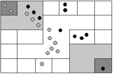 Peruvian counting board holding two kinds of pebble, solid black and striped, in compartments worth one, two, three, six and twelve. The raised corner compartment at the top left, worth twelve, holds two striped pebbles; the raised corner at the bottom right holds one black pebble. The shaded second level at the top left, worth six, holds three black and three striped pebbles, and the shaded second level at the bottom right is empty. The central octagonal region, worth three, holds one black and six striped pebbles. The wider white rectangle on the right of the middle row, worth two, holds three black pebbles. Among the small white edge squares, worth one each, one in the top row holds two black pebbles and one in the bottom row holds a single striped pebble.