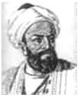 Small portrait of the writer al-Biruni, a bearded man in a large white turban, shown from the shoulders up facing the viewer.