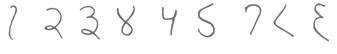 Row of nine eighth century Devanagari numerals for 1 through 9, handwritten in ink with no labels: a hooked stroke for one, then forms close to a modern 2 and 3 but with looped tails, a crossed loop like a figure eight for four, a modern-looking 4 for five, an S shape for six, a modern-looking 7, a shape like a less-than sign for eight and a curled epsilon for nine.