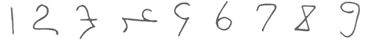 Row of nine tenth century West Arab Gobar numerals for 1 through 9, handwritten with no labels: a plain vertical stroke for one, a modern-looking 2, a crossed z for three, a low flourish for four, a form like a 9 with a straight tail for five, then shapes very close to the modern 6, 7, 8 and 9.