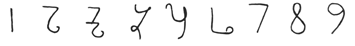 Row of nine numerals for 1 through 9 as written in Spain in 976 C.E., handwritten with no labels: a plain vertical stroke for one, a looped 2, a doubled loop for three, a crossed flourish for four, a form like a modern 4 for five, a squared hook for six, then shapes close to the modern 7, 8 and 9.