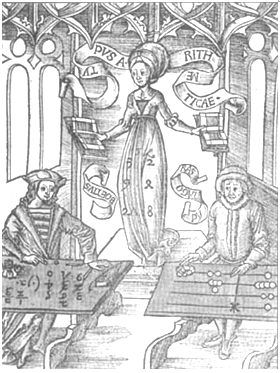 Woodcut of the contest between the abacist and the algorist. Two men sit at counting tables under a Gothic arch with the robed figure of Arithmetic standing between them, numerals running down her gown and a banner overhead. The man on the left works with a pen, Hindu-Arabic numerals written across his tabletop; the man on the right pushes round counters along the ruled horizontal lines of a counting board.