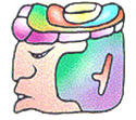 A Mayan decorated head glyph of the kind the priests used as day symbols: a stylised head drawn in profile facing left, wearing a wide banded headdress, with a T shaped element set in the panel behind the face, coloured in pale greens, pinks and blues.