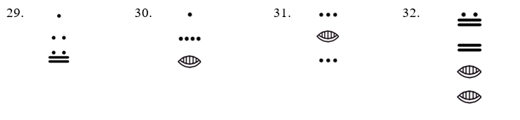 Four Mayan numerals to convert to base ten, each written vertically and read from the top down. Problem 29: one dot, then two dots, then two dots above two bars, that is 1, 2 and 12. Problem 30: one dot, then four dots, then a shell for zero, that is 1, 4 and 0. Problem 31: three dots, then a shell for zero, then three dots, that is 3, 0 and 3. Problem 32, four places deep: two dots above two bars, then two bars, then a shell, then a shell, that is 12, 10, 0 and 0.
