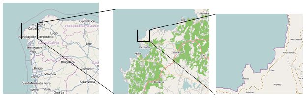 Three map panels of the northwest Iberian coastline, each an enlargement of the small box drawn on the panel before it: first the region from A Coruna and Santiago de Compostela south to Vigo and Porto, then a short stretch of inlets near Camarinas, then a single bay. Every zoom reveals new indentations of the same ragged character rather than a smoother line.