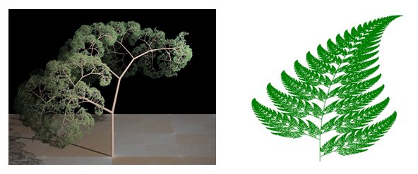 Two computer generated fractal images side by side: a photorealistic rendering of a broad wind-swept tree whose foliage is built from repeated branching, and a green Barnsley fern in which every frond is a smaller copy of the whole frond.