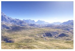 A computer generated landscape built by randomized fractal subdivision and then coloured and textured: rolling green and brown foothills in the foreground rising to a range of hazy blue peaks under a pale sky.