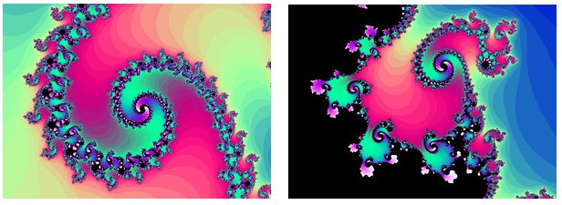 Two deeper zooms into the boundary of the Mandelbrot set, each a spiral of studded filaments winding into a central eye: the first drawn in green, pink and cyan against pale yellow, the second against black and deep blue.