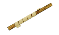 A scytale: a wooden rod with a long narrow strip of pale parchment wound around it in a close spiral so that successive wraps sit edge to edge. A message written along the rod is scrambled once the strip is unwound and reads correctly again only when it is wrapped on a rod of the same diameter.