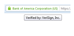 Screenshot of a browser address bar showing a green padlock and the verified site owner, Bank of America Corporation (US), beside the beginning of an https address, with a tooltip below it reading Verified by: VeriSign, Inc.