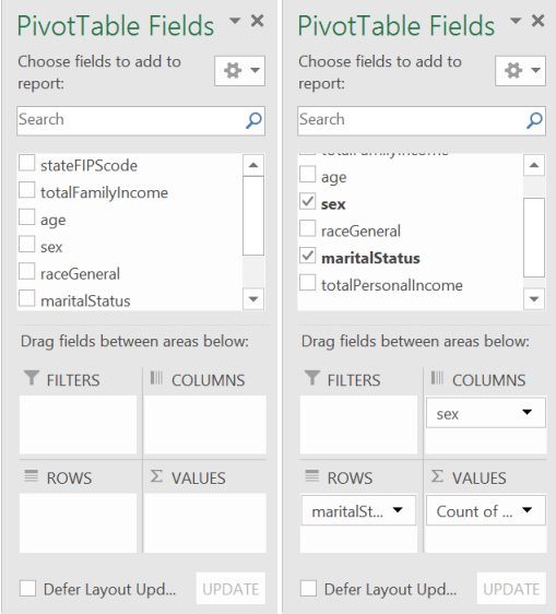 Two Excel PivotTable Fields panes side by side: on the left no fields are chosen yet; on the right sex and maritalStatus are checked, with sex in the Columns area, maritalStatus in the Rows area, and a count in the Values area.