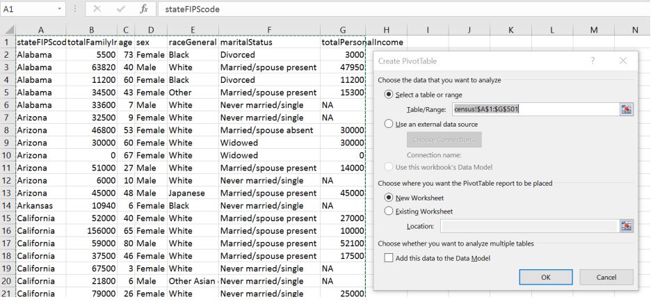 Excel Create PivotTable dialog opened over the census data with Table/Range set to census!$A$1:$G$501 and New Worksheet selected for where the PivotTable report will be placed.