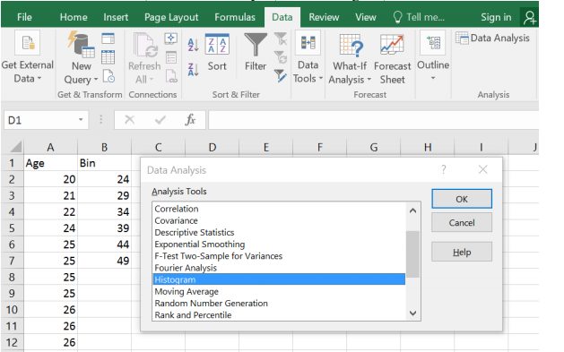 Excel Data tab with the Data Analysis dialog open and Histogram selected in the Analysis Tools list; the worksheet has Age data starting at 20 in column A and bins 24, 29, 34, 39, 44, 49 in column B.