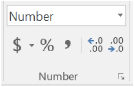 Number group on the Excel Home tab with the format dropdown set to Number and buttons for currency, percent %, comma style, and increasing or decreasing decimal places.