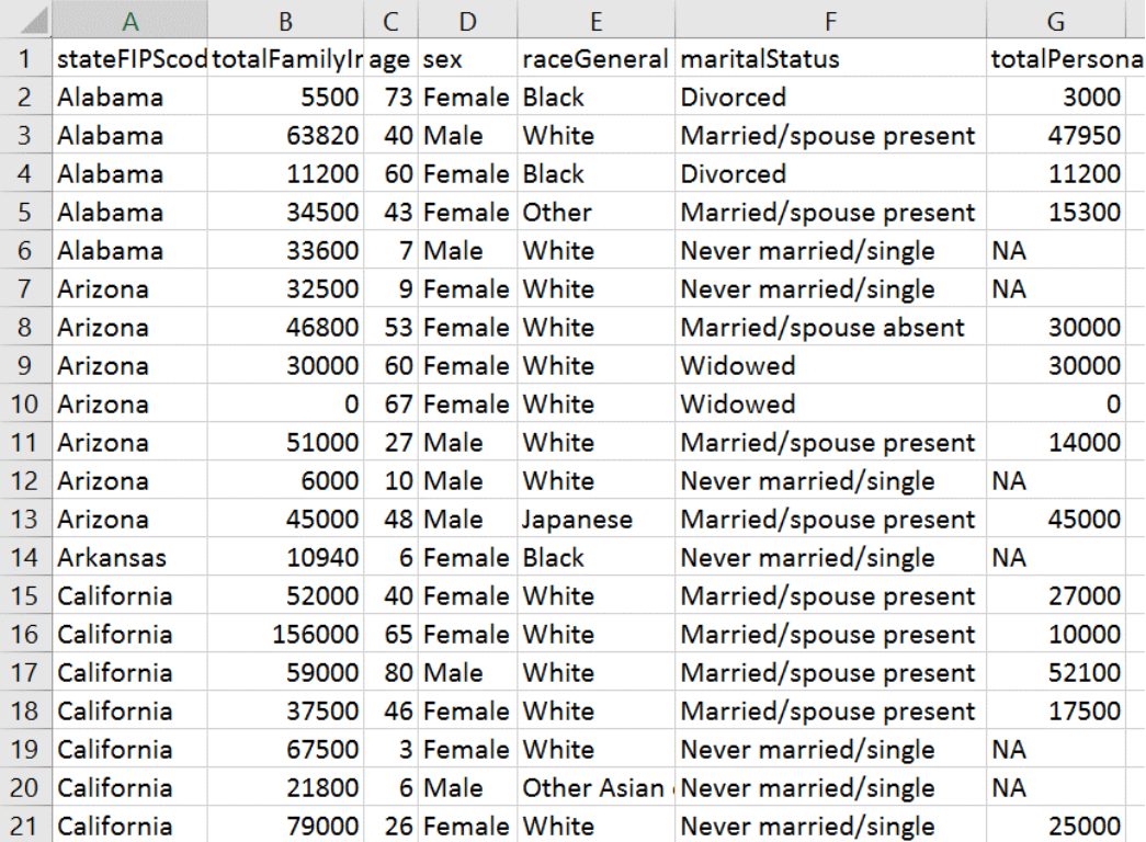 Excel worksheet of census data with columns stateFIPScode, totalFamilyIncome, age, sex, raceGeneral, maritalStatus, and totalPersonalIncome; the visible rows list people from Alabama, Arizona, Arkansas, and California.