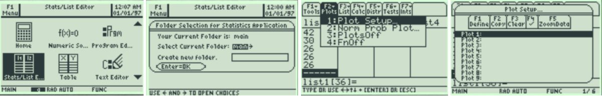 Four TI-89 screens: the Apps desktop with Stats/List Editor highlighted, the folder selection dialog with current folder main, the Plots menu open over list1 with 1:Plot Setup at the top, and the Plot Setup screen listing Plot 1 through Plot 9.