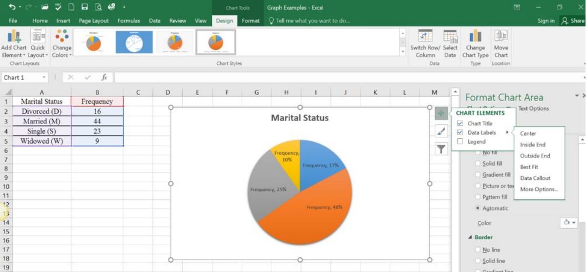 Excel pie chart titled Marital Status with the Chart Elements menu open: Chart Title and Data Labels are checked, Legend is unchecked, and label position options include Center, Inside End, Outside End, Best Fit, and Data Callout.