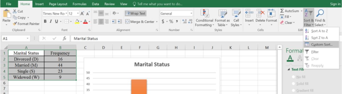 Excel worksheet with a highlighted marital status frequency table (Divorced 16, Married 44, Single 23, Widowed 9) and the Home tab's Sort & Filter menu open with Custom Sort selected; a bar chart titled Marital Status is partly visible below.