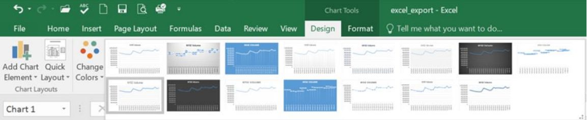 Excel Chart Tools Design tab showing a gallery of style thumbnails for the NYSE Volume line chart, with Add Chart Element, Quick Layout, and Change Colors options at the left.