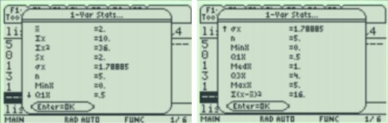 Two TI-89 1-Var Stats result screens showing x-bar = 2, Σx = 10, Σx² = 36, Sx = 2, σx = 1.78885, n = 5, MinX = 0, Q1X = 0.5, MedX = 1, Q3X = 4, MaxX = 5, and sum of squared deviations 16.