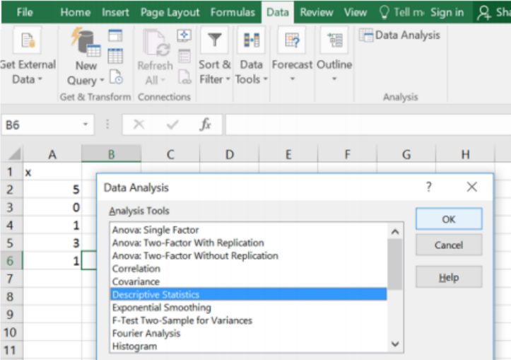 Excel Data ribbon with the Data Analysis dialog open over data values 5, 0, 1, 3, and 1 in column A; Descriptive Statistics is highlighted in the Analysis Tools list, with OK, Cancel, and Help buttons at the right.