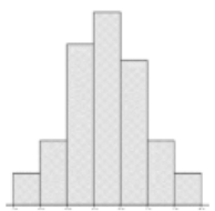 Histogram with unlabeled axes showing a bell shape: the tallest bar is at the center and bar heights step down symmetrically toward short bars at both ends.