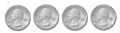 Four United States quarter coins in a row, illustrating that four quarters make one dollar as a memory aid for quartiles dividing data into four equal parts.