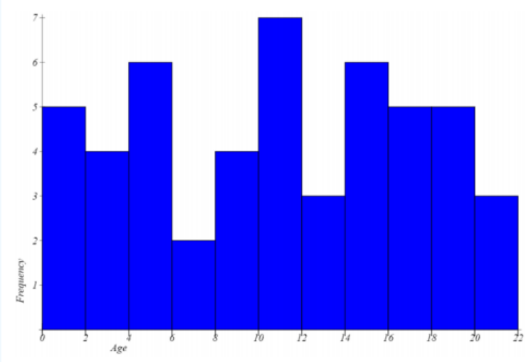 Histogram with Age from 0 to 22 on the x-axis and Frequency up to 7 on the y-axis; bars fill the whole range with heights of about 5, 4, 6, 2, 4, 7, 3, 6, 5, 5, and 3 across two-year intervals, a fairly uniform spread with no strong peak.
