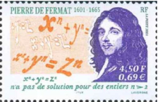 French postage stamp honoring Pierre de Fermat, 1601 to 1665, with his portrait, the equation x^n + y^n = z^n, and a note in French that it has no solution for integers n greater than 2; denominations 4.50 F and 0.69 euro.