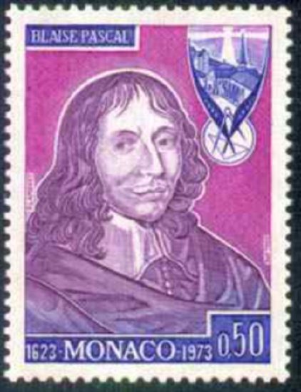 Monaco postage stamp honoring Blaise Pascal, marked 1623 Monaco 1973, with a portrait of Pascal in purple tones, a crest at the upper right, and a face value of 0.50.