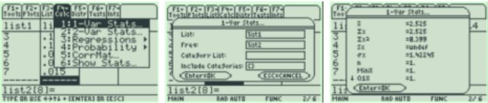 TI-89 Stat/List Editor screens: the Calc menu listing 1-Var Stats, 2-Var Stats, Regressions, Probability, CorrMat, and Show Stats; the 1-Var Stats dialog with List set to list1 and Freq set to list2; and a results window showing x̄ = 2.525, Σx = 2.525, Σx² = 8.399, Sx undefined, σx = 1.42245, and n = 1.