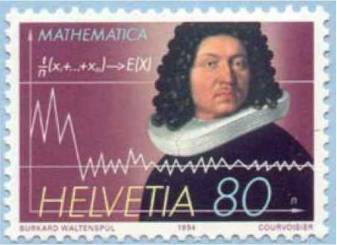Swiss postage stamp labeled Mathematica and Helvetia 80 with a portrait of Jacob Bernoulli, the formula (1/n)(x1 + … + xn) → E(X), and a jagged line that settles toward a horizontal line, illustrating the law of large numbers.