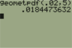 TI-84 home screen showing the command geometpdf(.02,5) returning .0184473632.