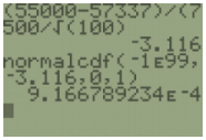 TI-84 screen showing (55000-57337)/(7500/sqrt(100)) = -3.116, followed by normalcdf(-1E99,-3.116,0,1) returning 9.166789234E-4.
