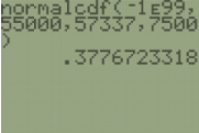 TI-84 screen showing normalcdf(-1E99,55000,57337,7500) with the result .3776723318.