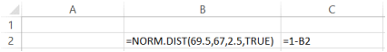 Excel worksheet with cell B2 containing the formula =NORM.DIST(69.5,67,2.5,TRUE) and cell C2 containing =1-B2.