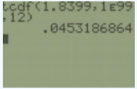 TI-84 calculator screen showing the command tcdf(1.8399,1E99,12) returning .0453186864.